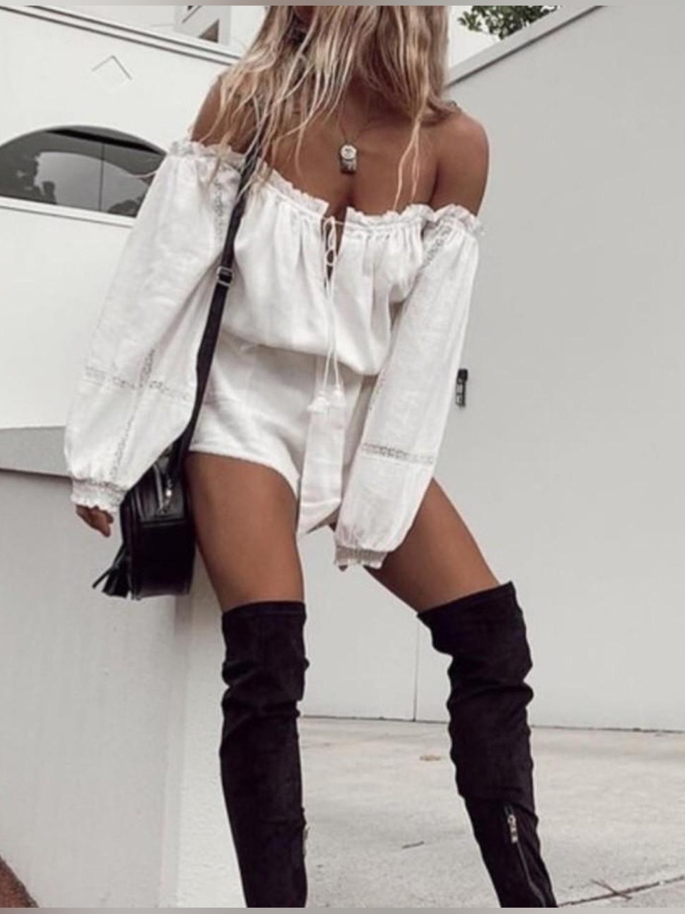 Spell White Off-Shoulder Romper with Long Sleeves